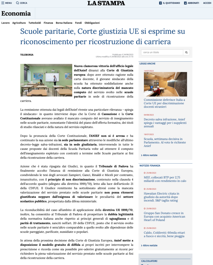 docentiparitaria.it su "La Stampa" - agosto 2023
